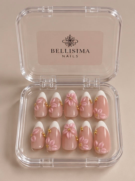 Pink & White Floral 3D Almond Press-On Nails – Size Small