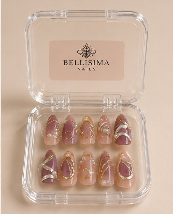 Amour | Handmade Mauve & Gold Press-On Almond Nails - Size Medium