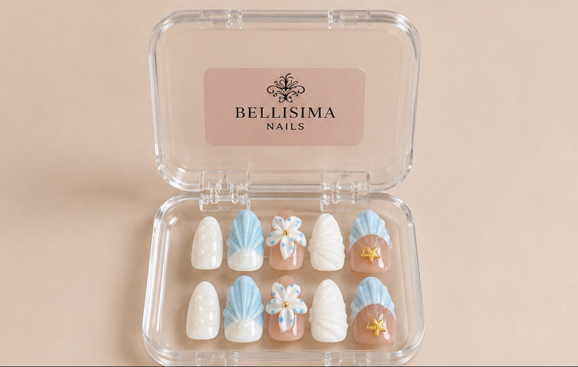 Coastal Pearl | Handmade Light Blue Shell Press-On Nails - Size Small