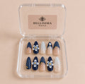 Navy Blue & White 3D design Almond Handmade Press-On Nails - Size Small