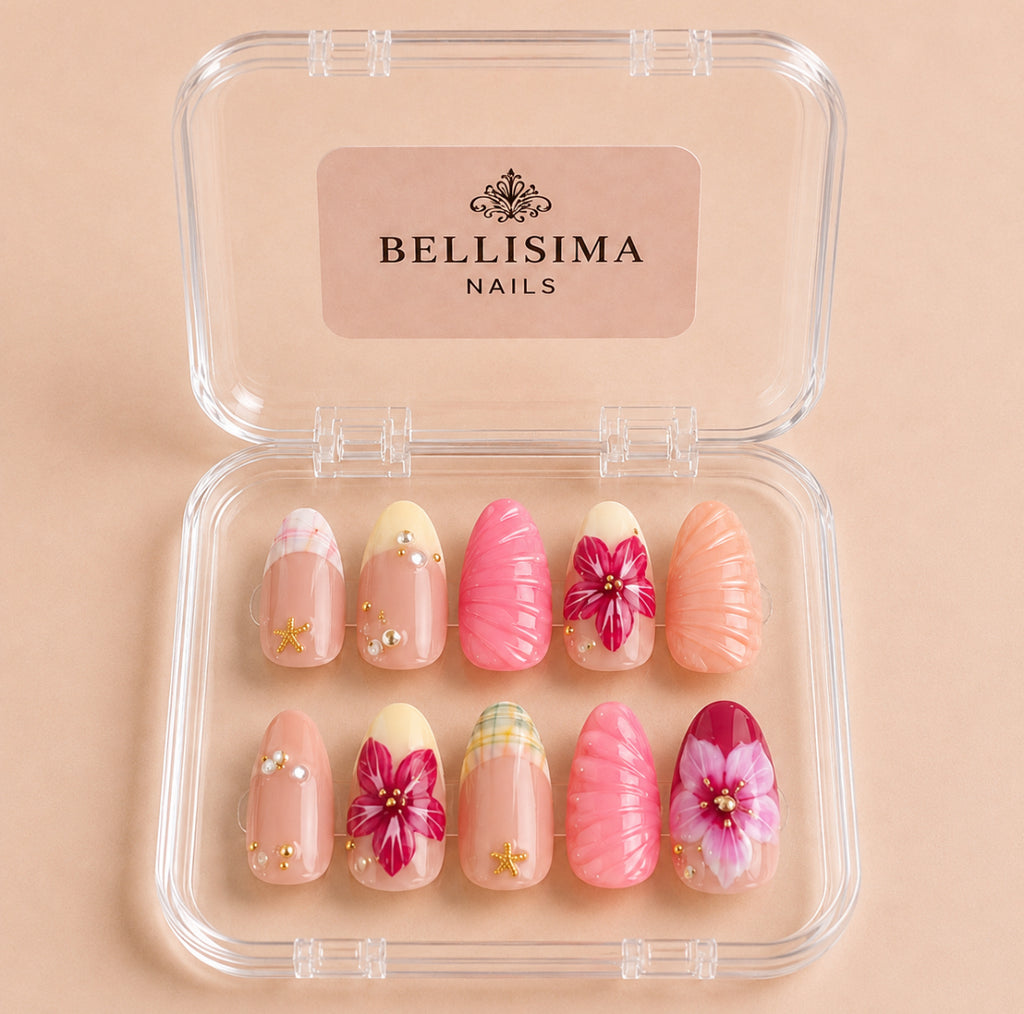 Multi-coloured beachy 3D designed nail gel handmade press-on nails- Size Medium