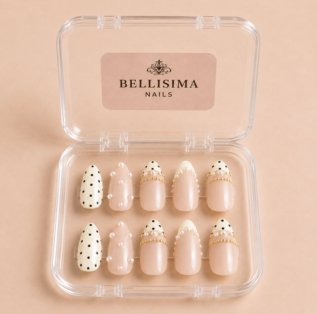 Polka dot gold rhinestone gem handmade press-on nails - Size Medium