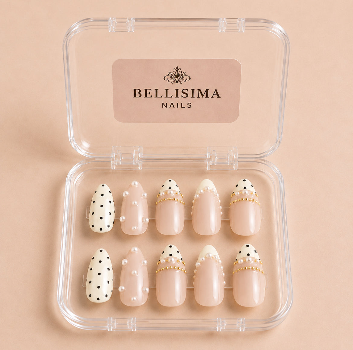 Polka dot gold rhinestone gem handmade press-on nails - Size Medium