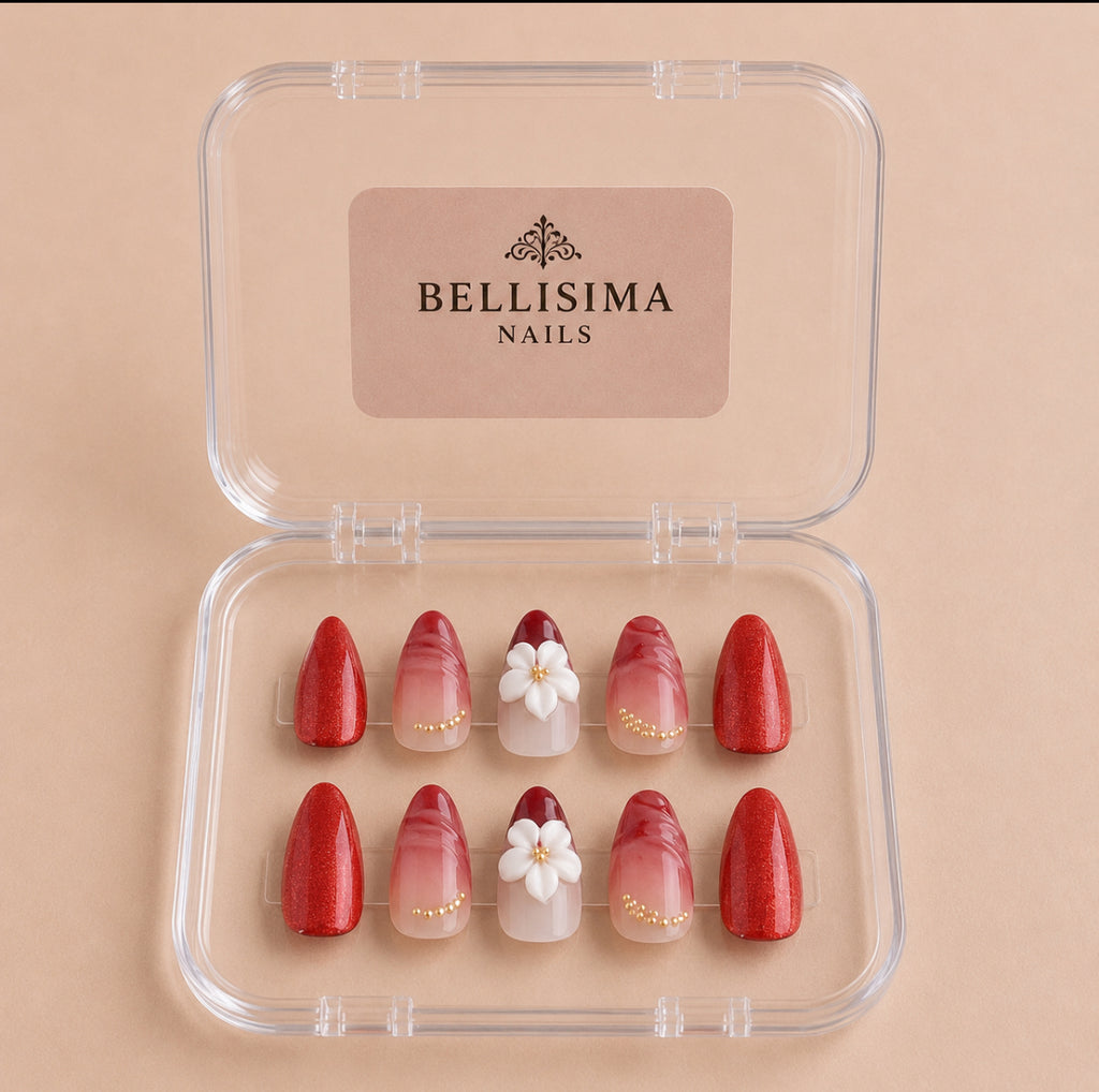 Red cat eye handmade press-on nails with 3D flower sculpture Size- Small