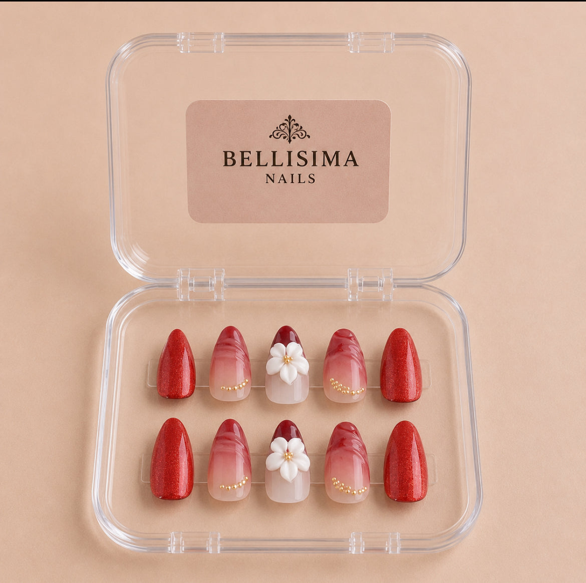Red cat eye handmade press-on nails with 3D flower sculpture Size- Small