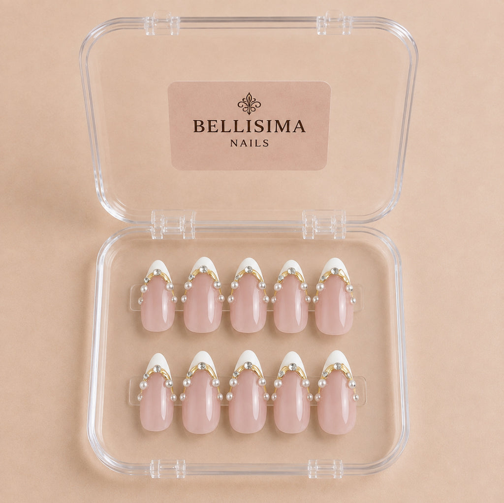 Xmas winter French tip handmade press-on nails with gold rhinestones Size- Small