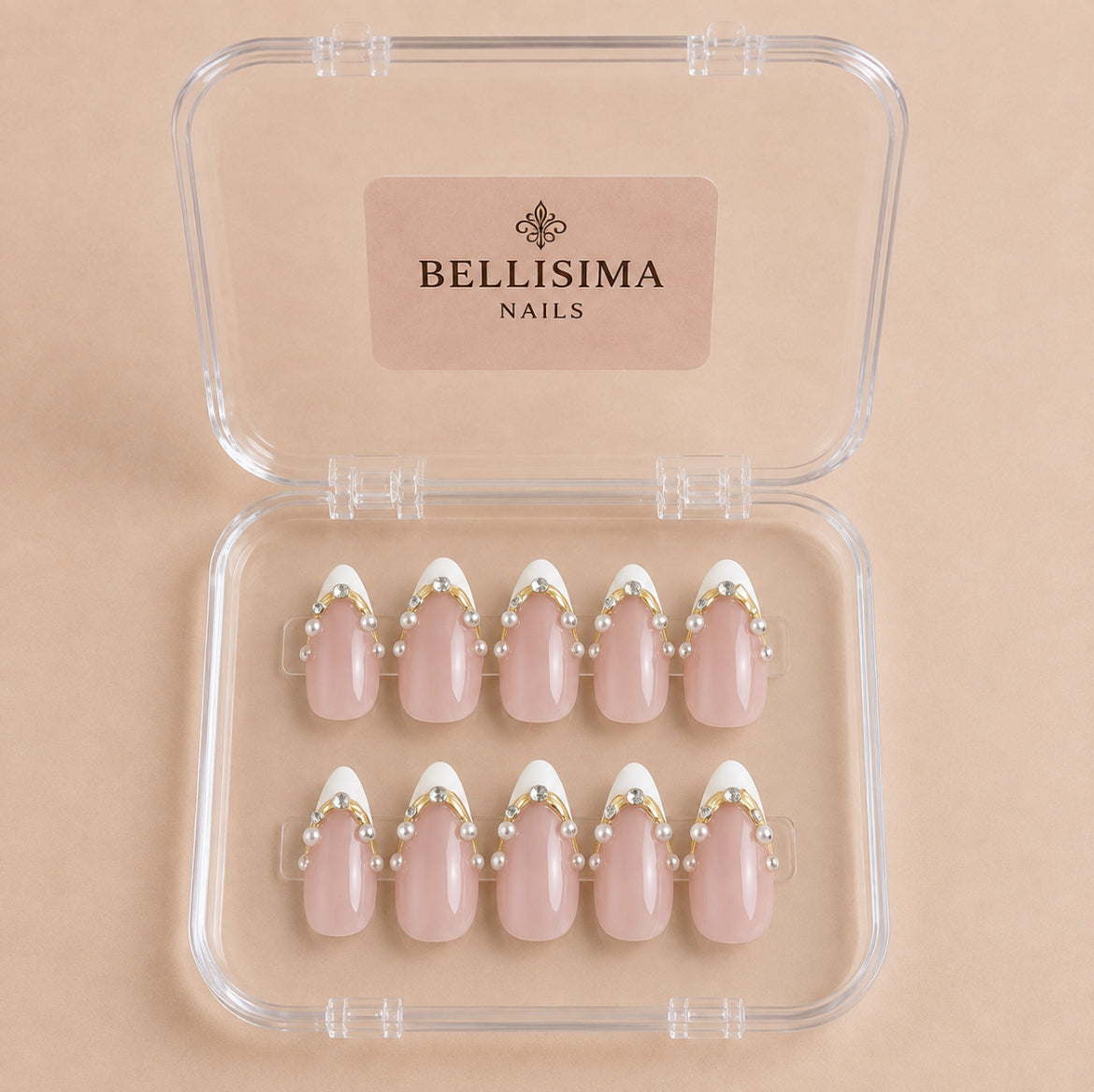 Xmas winter French tip handmade press-on nails with gold rhinestones Size- Small