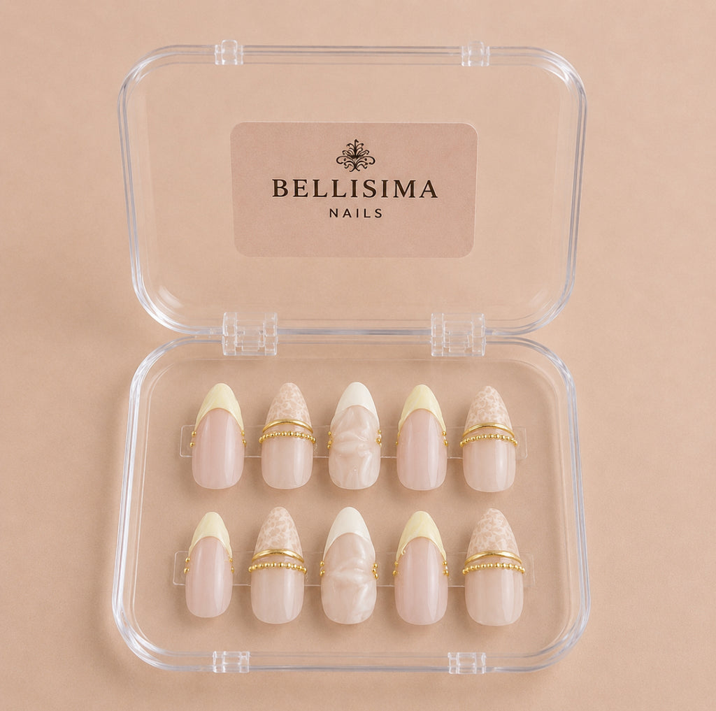 White and yellow French tips with lace designs and nail art press-on nails Size- Small