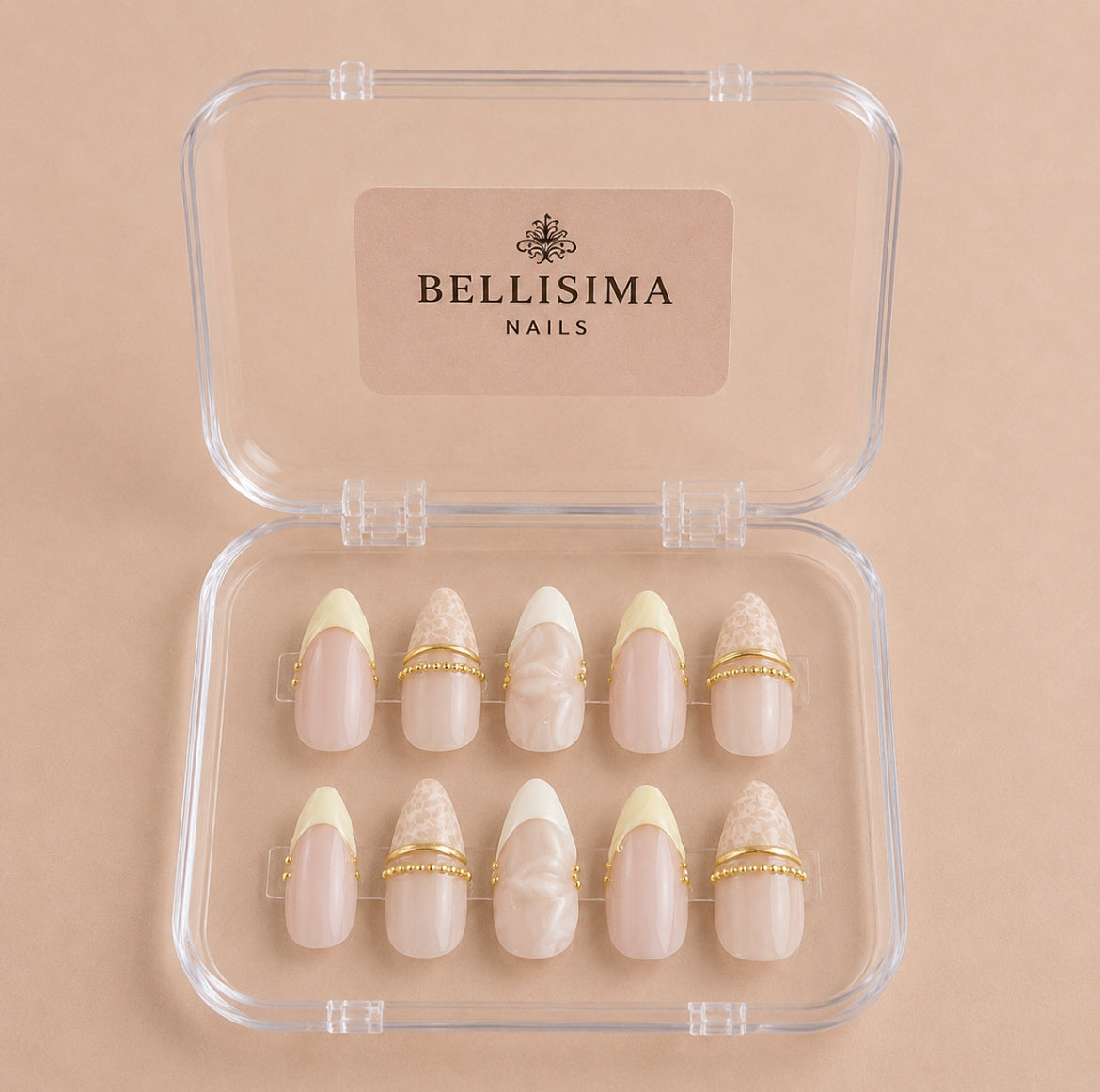 White and yellow French tips with lace designs and nail art press-on nails Size- Small