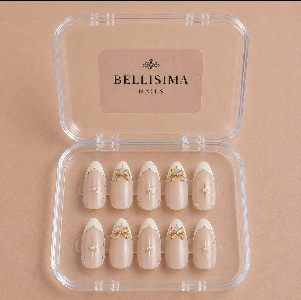 White French Tips with gold charm accessories handmade press-on nails Size-Medium