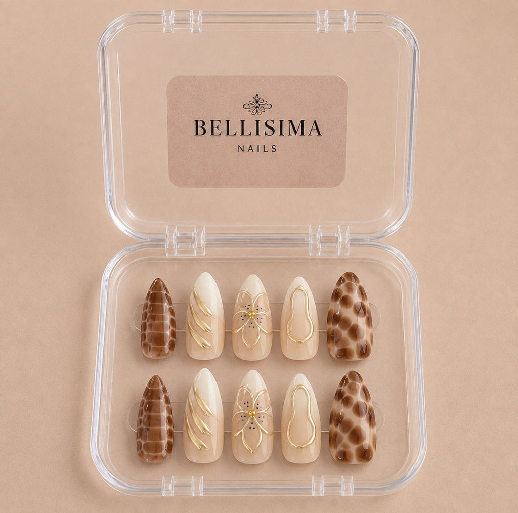 Autumn handmade press-on nails with gold detailing Size- Small
