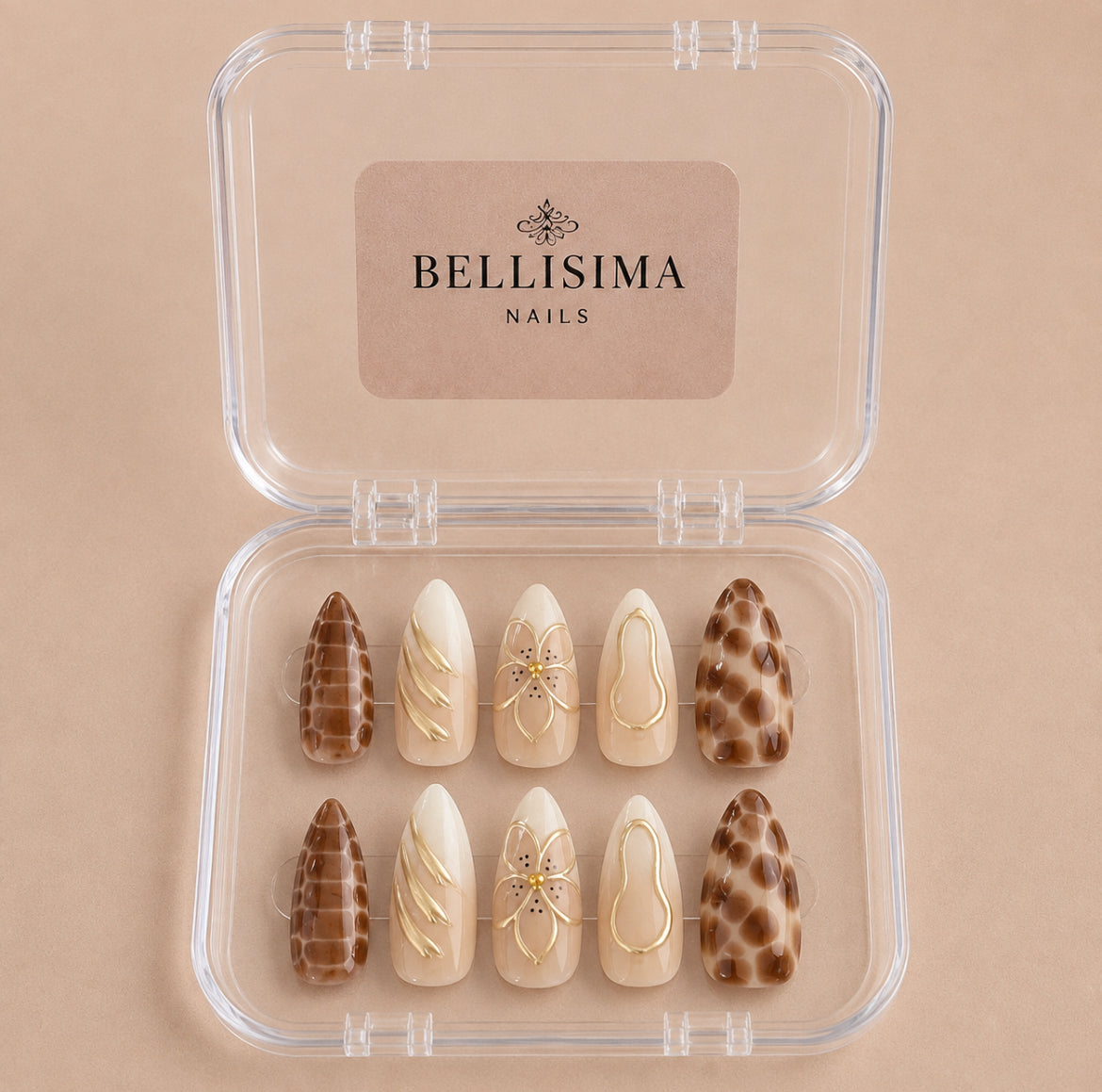 Autumn handmade press-on nails with gold detailing Size- Small