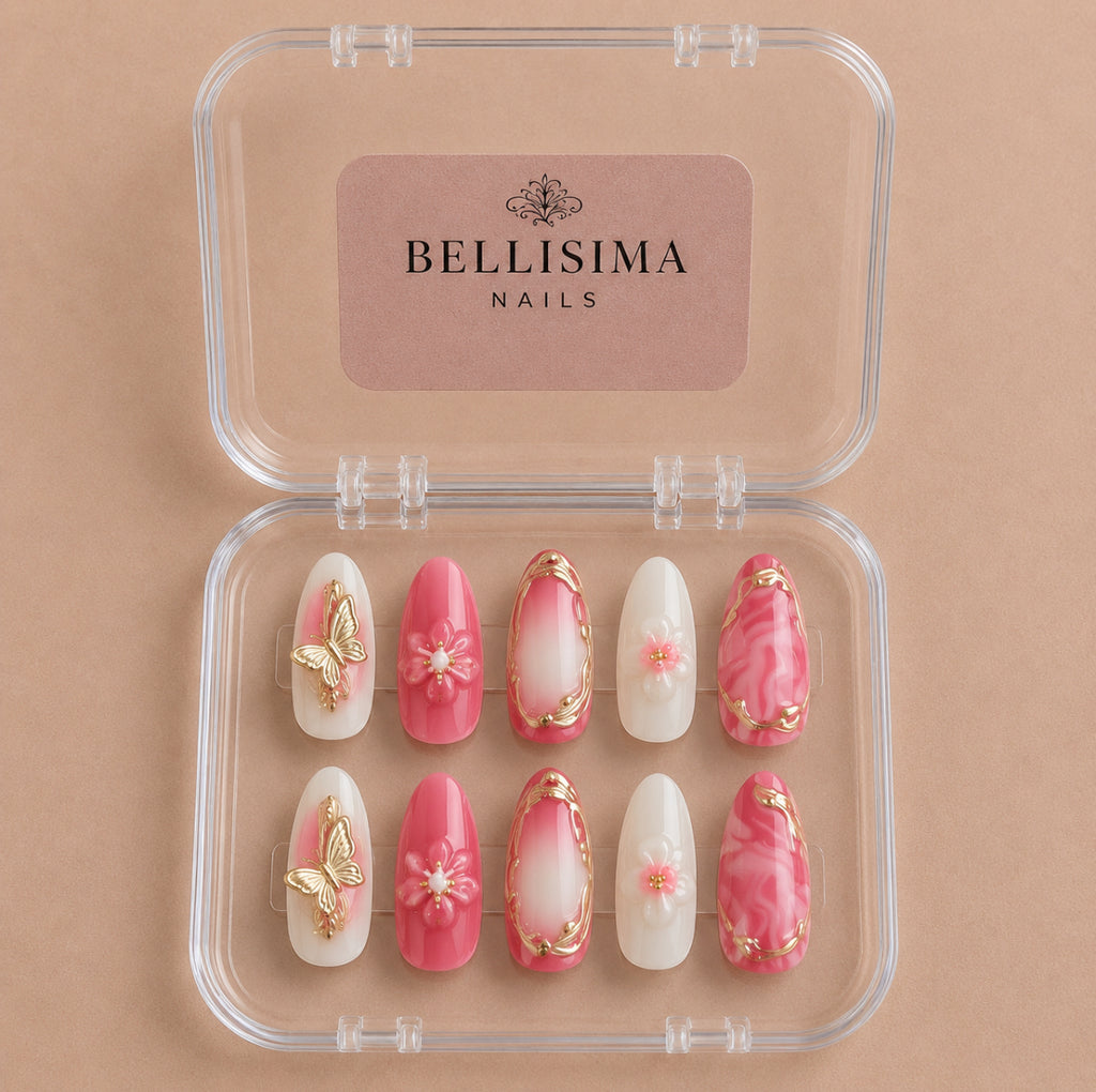 Hot pink gold handmade press-on nails with 3D art Size-Small