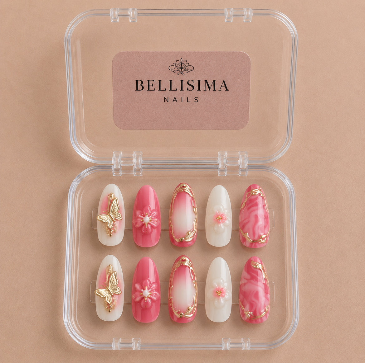 Hot pink gold handmade press-on nails with 3D art Size-Small