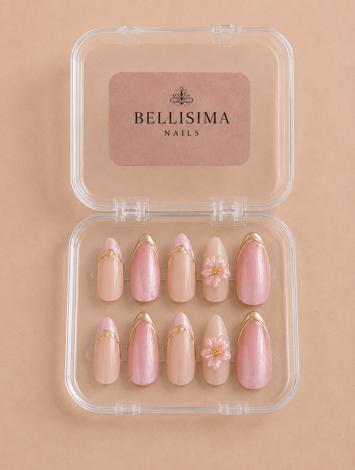 Pink glitter cat eye handmade press-on nails with gold chrome French Tips Size-Small