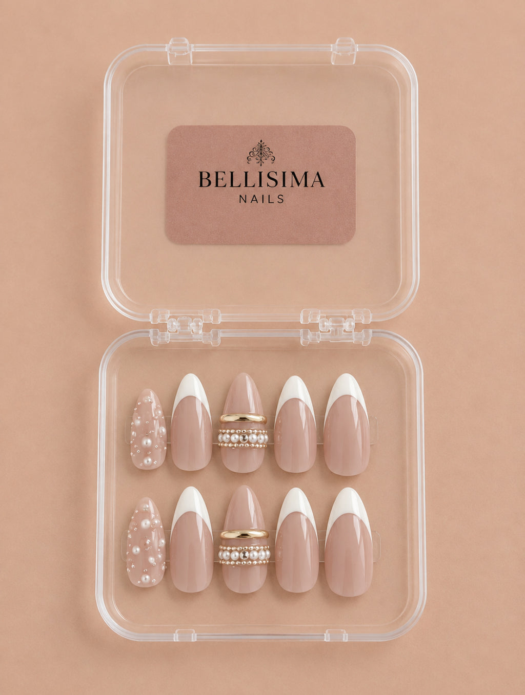Basic classy white French Tip handmade press-on nails with gold detailing Size-Small