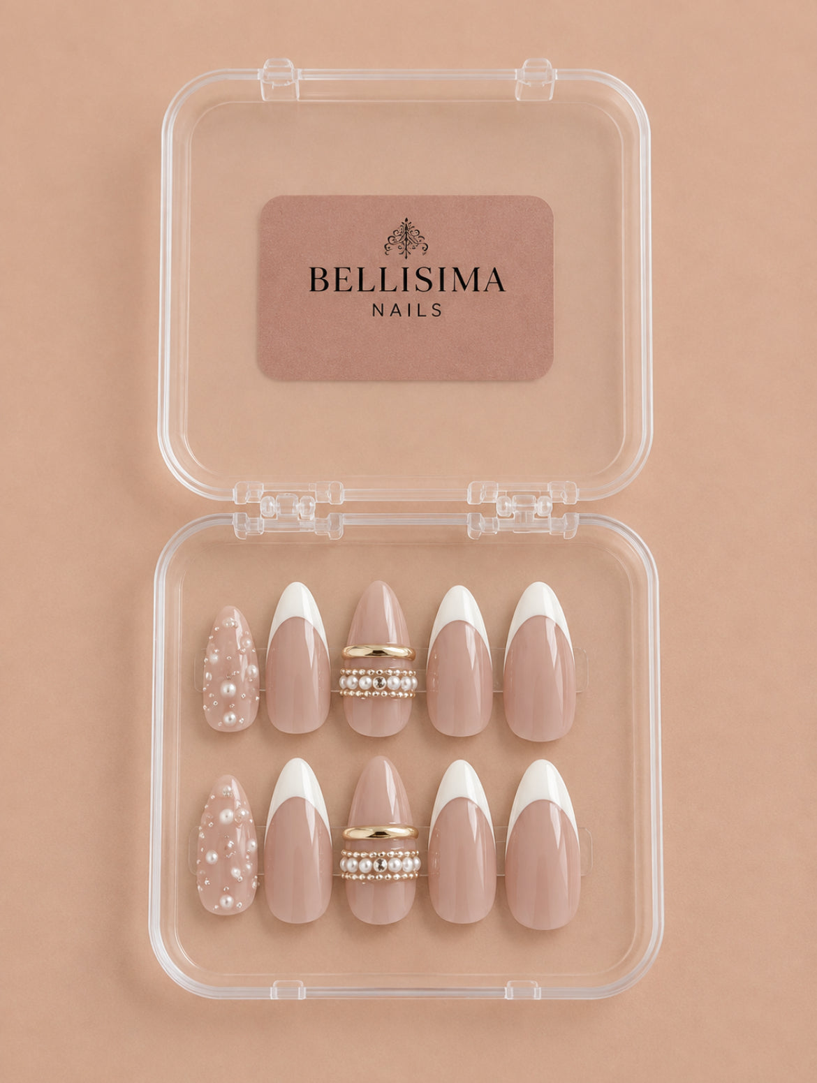 Basic classy white French Tip handmade press-on nails with gold detailing Size-Small