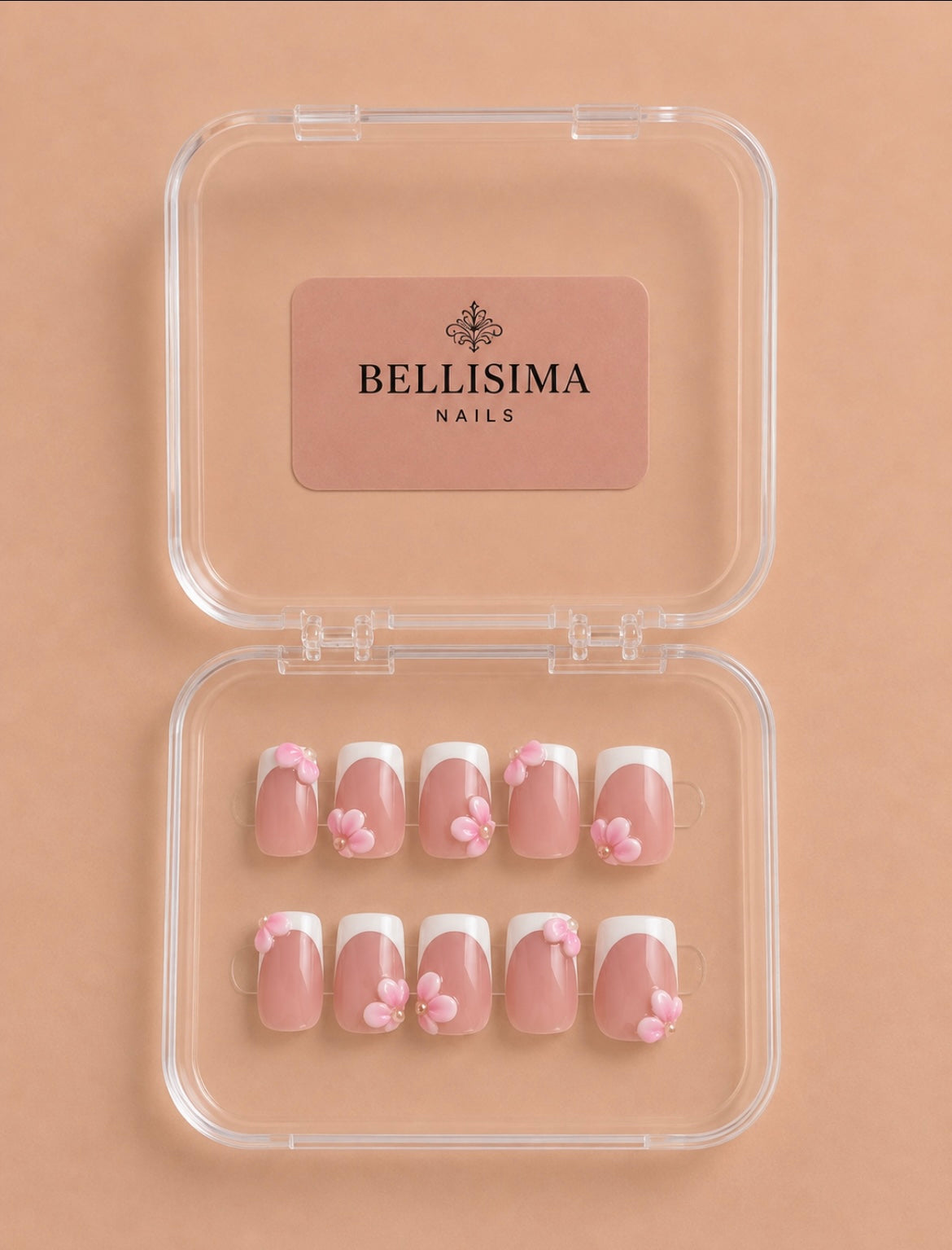 White French tip pink base handmade press-on nails with 3D art Size-Small