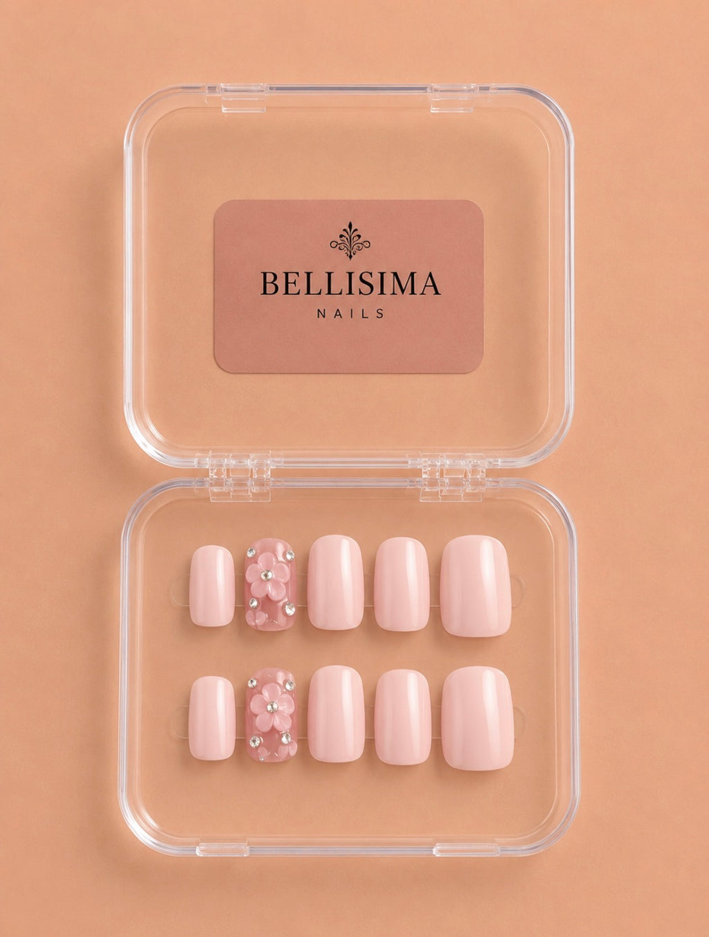 Baby pink solid colour handmade press-on nails with rhinestones Size-Small