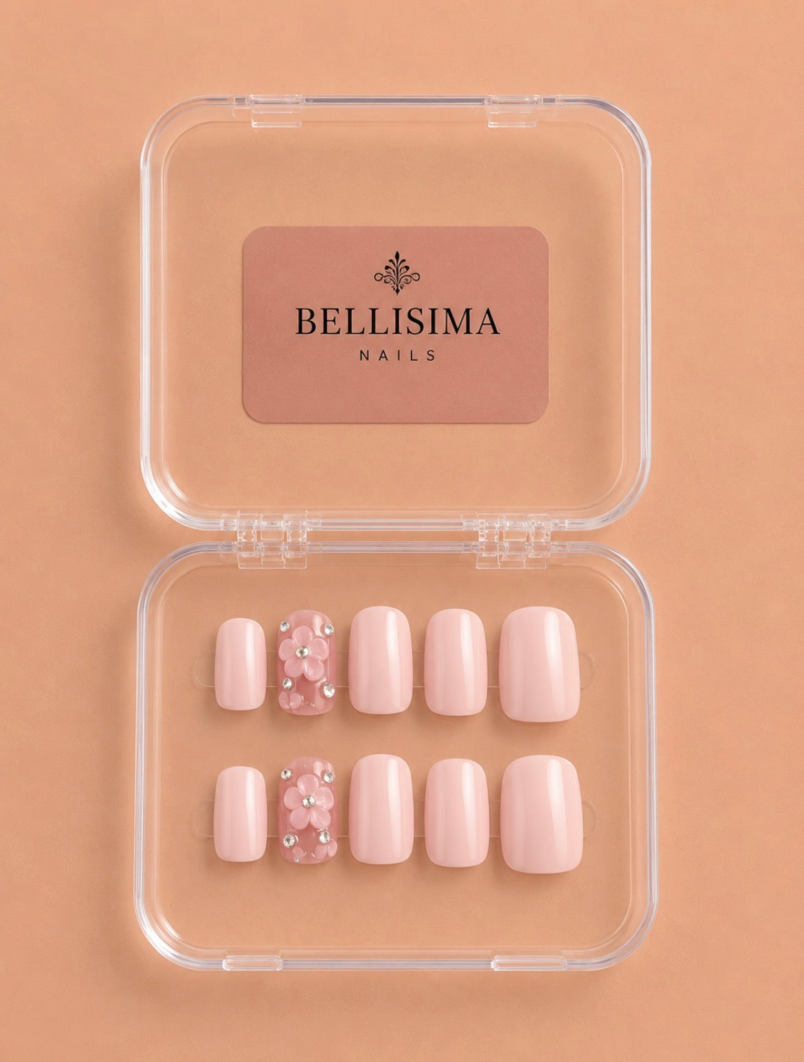 Baby pink solid colour handmade press-on nails with rhinestones Size-Small